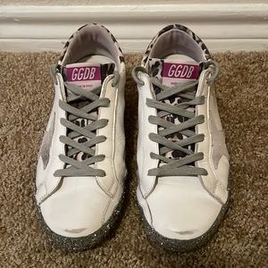 Golden Goose White and Leopard Print Super Star Sneakers